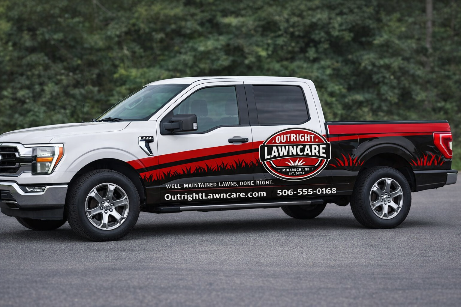 Outright Lawncare service truck parked on a lawn